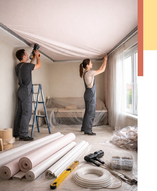 Монтаж цветного натяжного потолка в Оренбурге от 4271 руб/м² — быстро и недорого | ОТДЕЛОЧНИК-Рнб