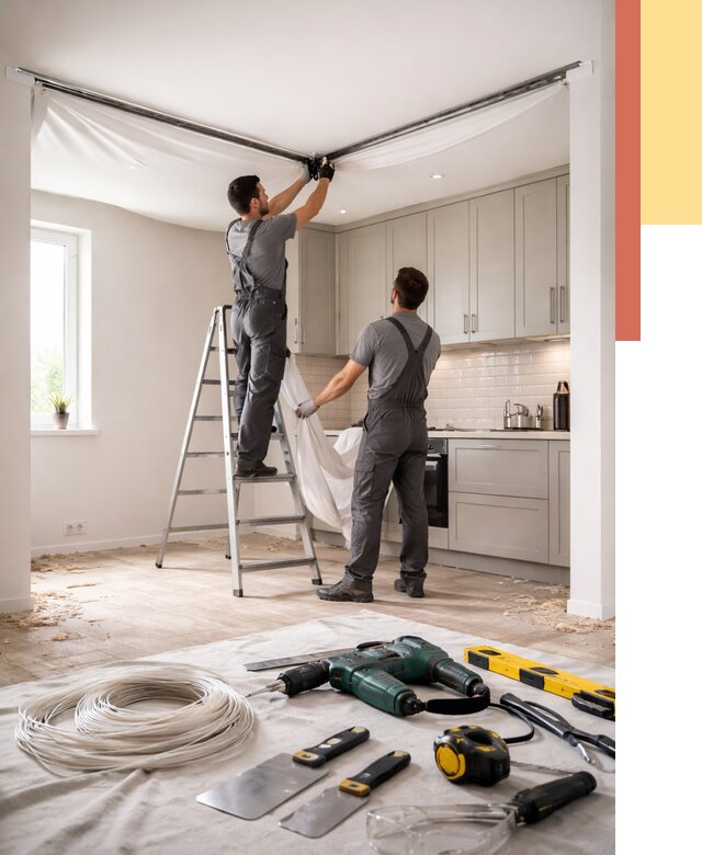 Установка натяжного потолка на кухне в Оренбурге от 2441 руб. | ОТДЕЛОЧНИК-Рнб