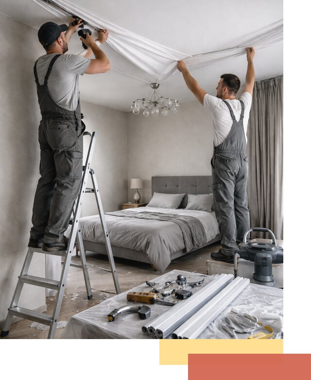 Монтаж натяжного потолка в спальне в Оренбурге